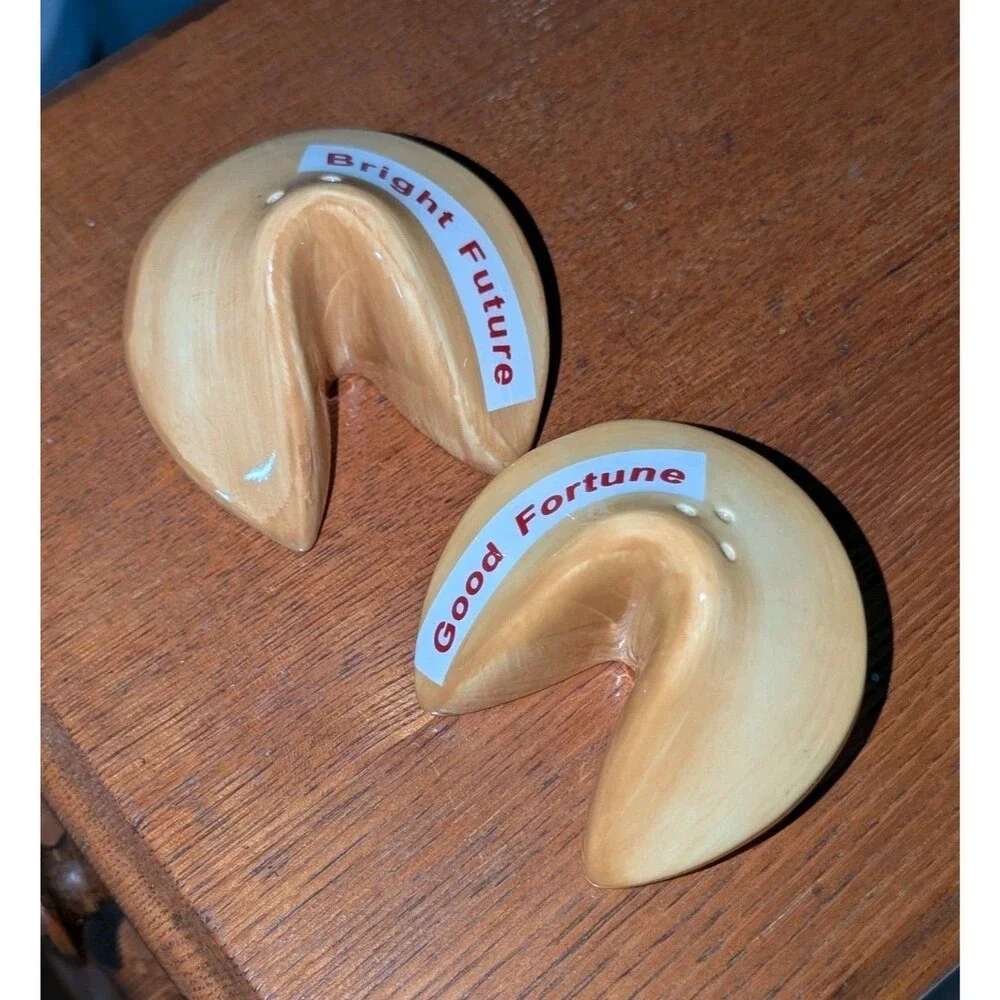 Fortune Cookie Ceramic Salt and Pepper Shaker Set Bright Future Good Fortune